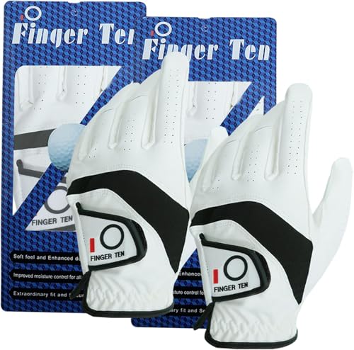 FINGER TEN Golf Gloves Men Right Handed Golfer Leather All Weather Grip Value 2 Pack, Mens Golf Glove Left Hand Soft Breathable Flexible for Golfers Size Small Medium ML Large XL (White, L, Left)…