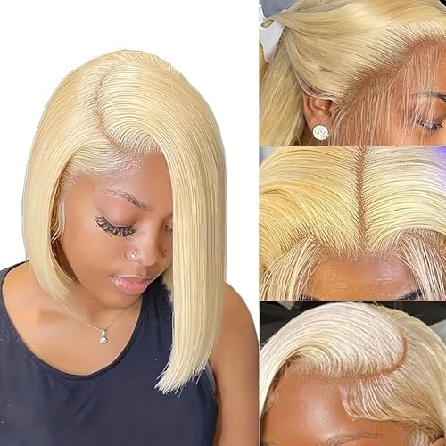 GIRLOFDREAMS 613 Bob Wig Human Hair 13x4 Lace Front 613 Blonde Wigs Human Hair Glueless Pre Plucked 613 Blonde Bob Wig Human Hair Baby Hair Transparent Lace Wigs for Black Women - 180 Density 14 Inch