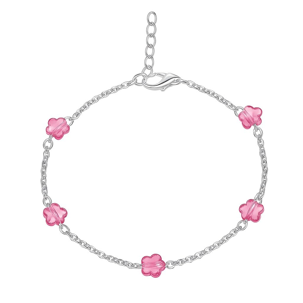925 Sterling Silver Single Anklet with Pink Glass Flower Beads | Adjustable Chain with Lobster Clasp for Women & Girls-image-0