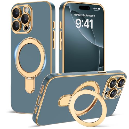 Amzfield Magnetic for iPhone 15 Pro Case with Stand [Compatible with MagSafe] Cute Slim Phone Case for iPhone 15 Pro Women Girls Grey Blue