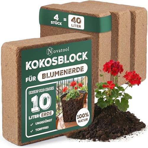Novatool Lot de 4 tuiles en coco avec sac de terreau pour plantes d'intérieur 40 l 750 g 19 x 18 x 5 cm Terreau de coco fin comprimés de coco Steu et substrat Terreau de fleurs de coco