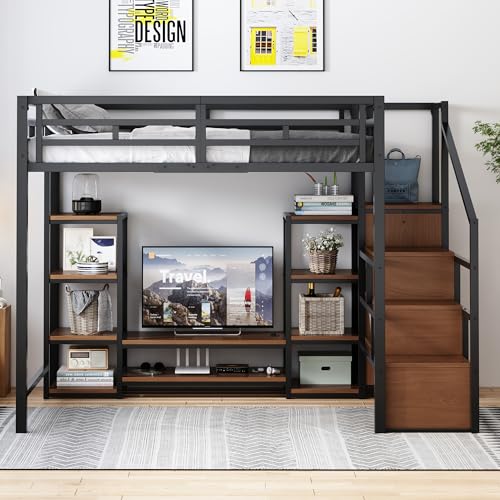 Msmok Cama Alta De 140 X 200 Cm Con Soporte Para Tv, Enchufe Y Escalera De Seguridad, Combinación Estable De Metal Y Madera, Cama Alta Que Ahorra Espacio, Litera Infantil Con Práctico Espacio De