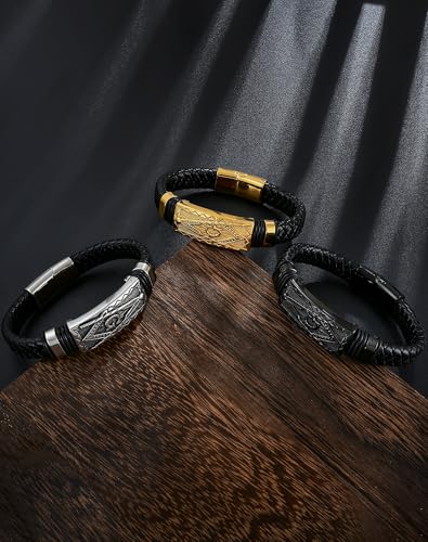 YL Cross Viking Skull Masonic Bracelet, Mens Leather 18K Gold/Rhodium Plated Stainless Steel Scorpion Owl Christian Bible Verse Military Hero Handcrafted Cuff Jewelry Gifts for Women4