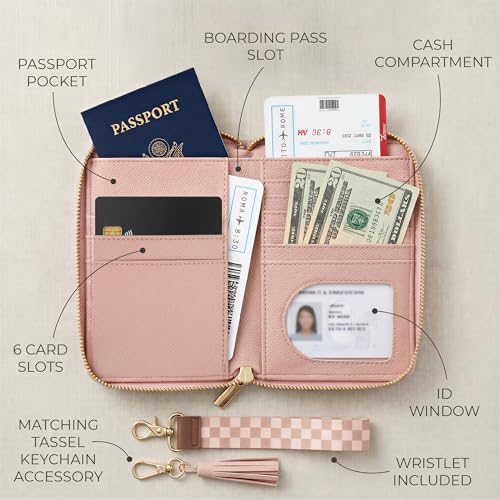 Image of Stylish Passport Holder for Travel with Detachable Wristlet Strap, Pink, 6.4 x 4.6 x 0.7 inches, Modern | All-in-one Travel Wallet Organizer for Women - Secure Money Belt Alternative with Card Slots and Tassel Keychain