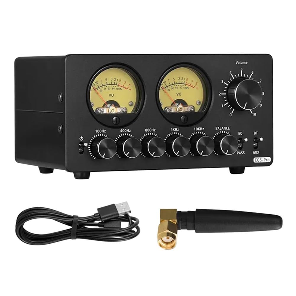 EQ5-PRO 5-Band EQ Equalizer mit BT-Empfänger, Stereo-Audio-Vorverstärker und VU-Meter, Metallgehäuse, Bluetooth 5.0, 100 Hz/400 Hz/800 Hz/4 kHz/10 kHz, Bypass-Modus, Balance-Regelu