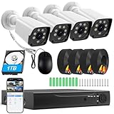 H.265+ Wired Security Camera DVR Kit System with AI Human Vehicle Detection, 4x 1920P 5MP IP67 Metallic Indoor/Outdoor Cameras IR Night Vision Remote Access, 4K NVR 1TB HDD Included for 24/7 Recording