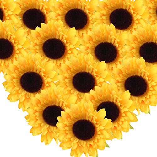 SLFYEE Lot de 24 têtes de tournesols artificiels - 9 cm - Fleurs en soie - Tournesols - Fleurs en plastique - Décoration de table - Décoration de table - Photographie - DIY
