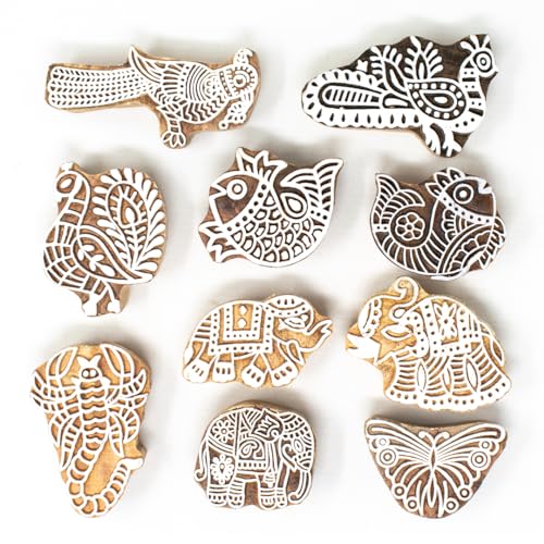 Image of Hashcart Wooden Indian Traditional Design Printing Stamps / Blocks for Printing Saree Border / Dresses / Craft Card Making / Scrapbook / Clay Pottery (Set of 10)