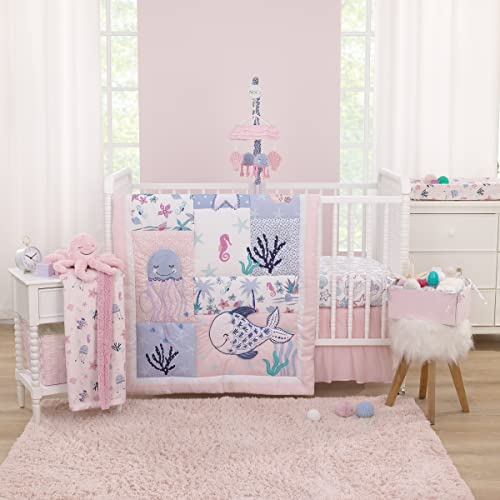 Image of NoJo Mermaid Lagoon Pink, Blue and White Undersea Friends 4 Piece Nursery Crib Bedding Set - Comforter, Crib Sheet, Crib Skirt, and Storage Caddy