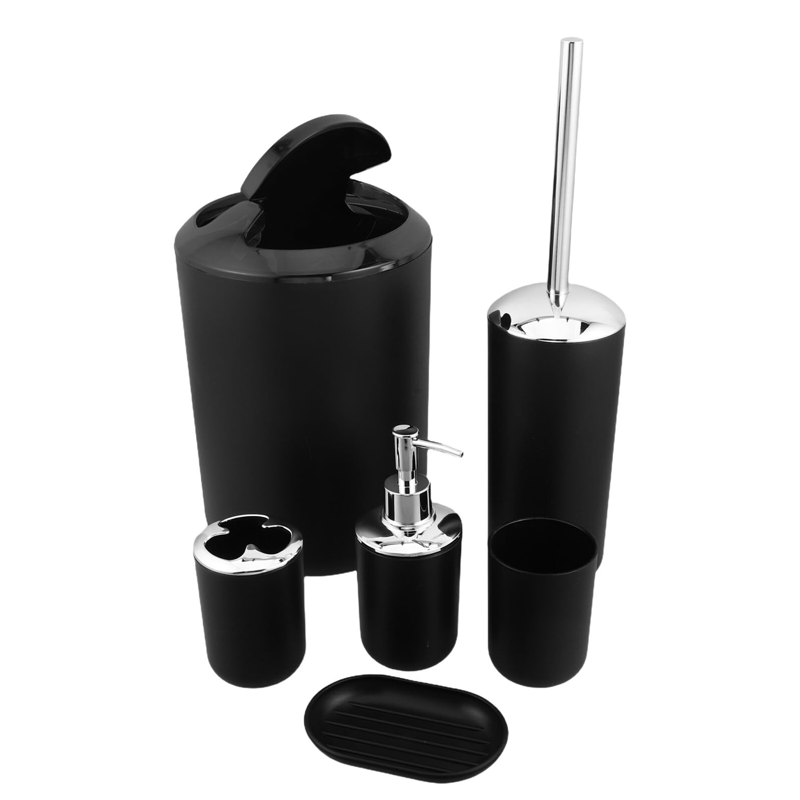 Yardenfun Set Porta Accessori Bagno Nero e in Plastica Resistente All'umidità e Facile da Pulire con Dispenser, Porta Spazzolino Scopino Wc Pattumiera per Pavimento Bagno