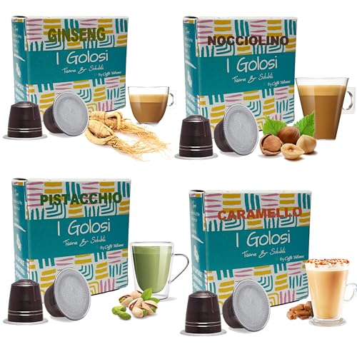 Caffè Vulcanus - 120 Cápsulas mezcla de sabores de capuchino: Ginseng, Avellana, Caramelo, Pistacho - Cápsulas compatibles con Nespresso