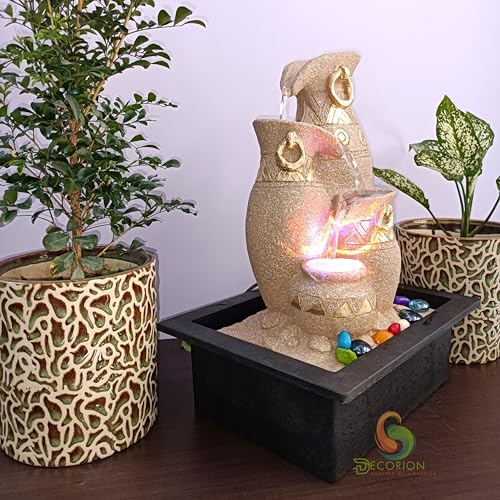 Image of Polyresin Designer Table Top Four Tier Fountain in Yellow Stone for Indoor, Outdoor, Home & Office Decor with Multicolour LED Light and Water Flow Control Pump (Jug & Matki D-065)