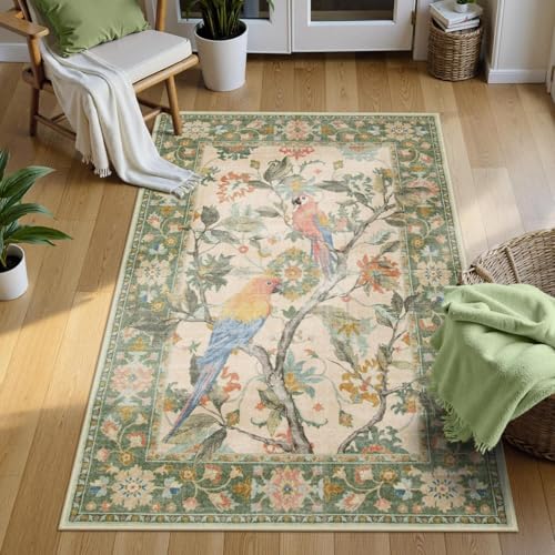Lahome Botanical Birds 3x5 Green Washable Kitchen Rugs for Bathroom, Boho Entryway Rug for Bedroom, Vintage Soft Non Slip Indoor Carpet for Living Room Front Door (3x5ft,Green) 3' x 5' (Rect