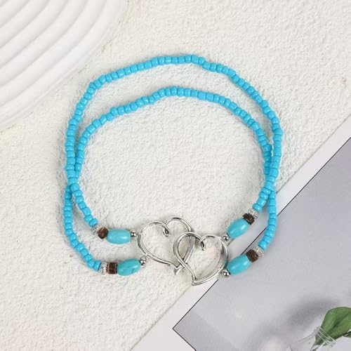 Image of Elastic Beaded Ankle Bracelets for Women Double Heart Layered Stretch Ankle Bracelets Waterproof Dainty Boho Beaded Anklets for Summer Beach Foot Jewelry