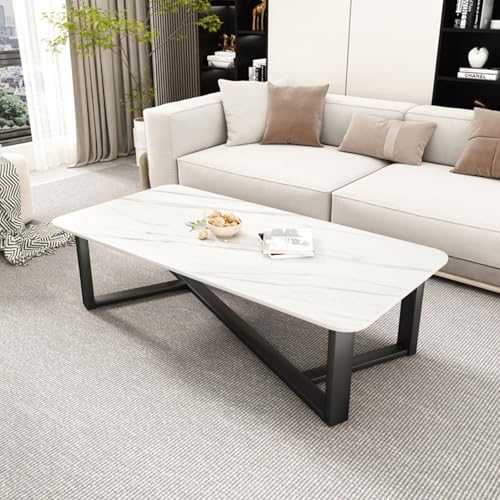 Moderna mesa de centro de piedra con diseño de losa de tatami con marco de hierro forjado de metal, mesa baja multiusos para sala de estar y dormitorio