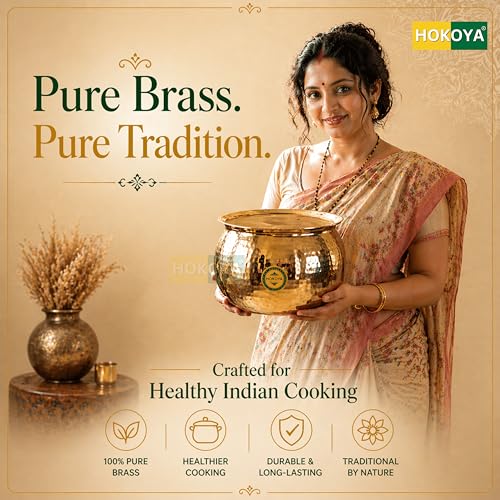 Image of HOKOYA Brass Handi with Lid | Heavy Hammered Pital Cooking Pot for Biryani, Dal, Rice | Indian Kitchen Utensil & Gifting (10 LTR)