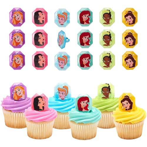 DecoPac Disney Princess Gemstone Rings, Cupcake Decorations Featuring Mulan, Cinderella, Tiana, Belle, Rapunzel and Ariel, Multicolored 3D Food Safe Cake Toppers – 24 Pack