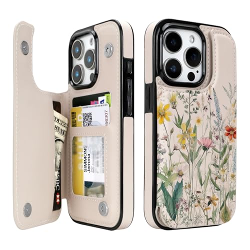 uCOLOR for iPhone 15 Pro Wallet Case with Card Holder PU Leather RFID Blocking iPhone 15 Pro 6.1 Case Wallet Folio Flip Case for Women Men Magnetic Clasp Kickstand Design (Desert Flower)