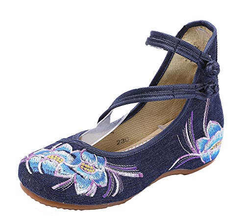 AvaCostume Womens Embroidery Rubber Sole Summer Wedges Sandals Fashion Dress Shoes For Cheongsam, Blue, 38