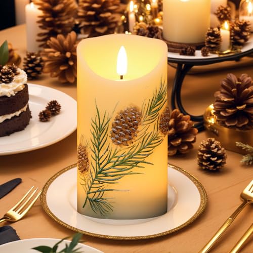 Image of Eldnacele Christmas Flameless Candles with 6 Hour Timer, Battery Operated Hand Painted Pine Cone Real Wax 3D Wick Flickering LED Pillar Candles for Dinner Indoor Holiday Xmas Decor(2Pcs, D3xH5.7)
