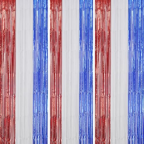 Image of DECOCKRAT 3 Pack Foil Fringe Backdrop - Red&White&Blue Shiny Tinsel Curtains for Party Decoration /Photo Booth Props - 3.3x8.2 FT Metallic Foil Backdrop for Birthday, Wedding, Graduation, Christmas.