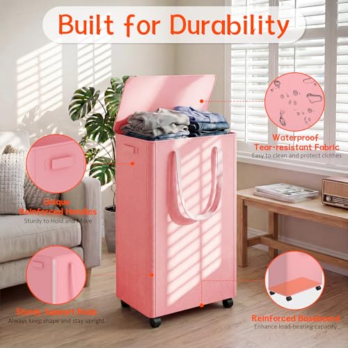 Image of Slim Laundry Hamper with Wheels,20 Gal (75L) Rolling Laundry Basket with lid and wheels Clothes Hamper Foldable Tall Dirty Clothes Basket Sturdy Collapsible Clothes Hamper for Dorm,Laundry Room