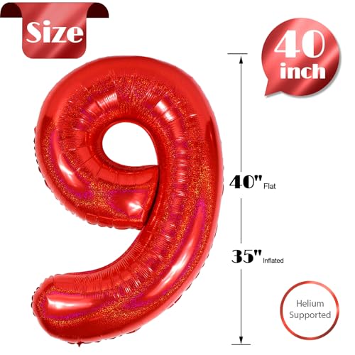 Image of Laser Red 9 Balloon, Number Balloons 40 Inch, 9th Giant Birthday Decorations,19th 29th Party Decorations Supplies, Number 9 Balloon