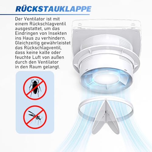 Badlüfter 100mm mit Nachlauf, ≤34db Leiser und Leistungsstarker Abluftventilator, 12W 2400U/min IPX4 Wandventilator mit Rückstauklappe, Einfach Installieren Fenster Decke Wand im Bad, WC, Küche