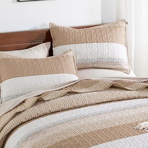 Image of Andency Taupe Striped Quilt Set Cal King(104x112Inch), 3 Pieces (1 Quilt and 2 Pillowcases) Patchwork Bedspread Coverlet Set, Soft Lightweight Quilted Bedding Set