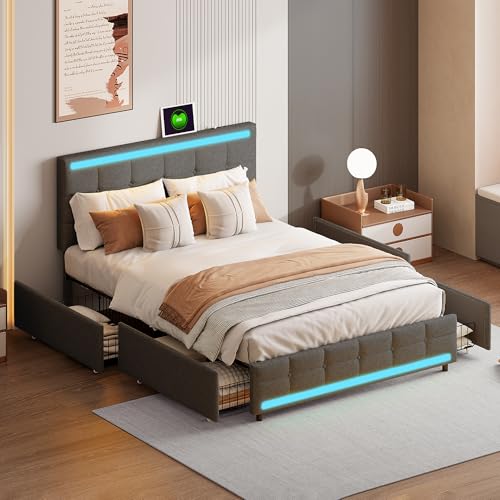 Generisch Cama tapizada de 140 x 200 cm, cama doble con iluminación LED y 2 USB-A moderna cama con 4 cajones grandes, cama individual con cabecero y somier, cama juvenil, lino, gris (sin colchón)