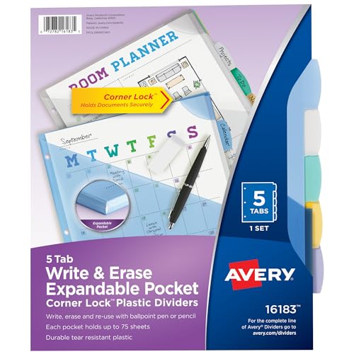 Avery Durable Plastic 5 Tab Corner Lock Write & Erase Dividers for 3 Ring Binders, Pocket, Works with Sheet Protectors, Multicolor (16183)
