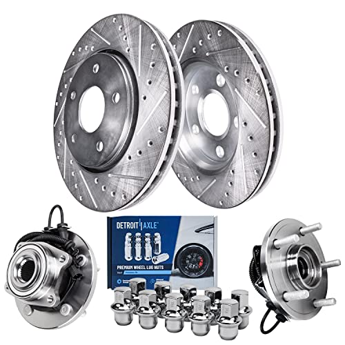 Image of Detroit Axle - Front Brake Kit for Chrysler Town & Country | Dodge Grand Caravan VW Routan Ram C /V, Drilled & Slotted Brake Rotors Wheel Hubs Wheel Lug Nuts Replacement 11.89 inch inch Rotor