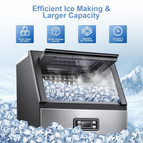 Image of Kismile Commercial Ice Maker 100lbs /Day with 33lbs Storage | Digital display, freestanding design, ideal for commercial or home use. Rapid ice production and self-cleaning function