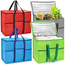 Foraineam 4 Pack Insulated Reusable Grocery Shopping Bags, Foldable Cooler Bag Food Delivery Bags with Hard Bottom Insert and Zippered Top, Stands Upright, Cooler Totes for Hot or Cold Food Transport