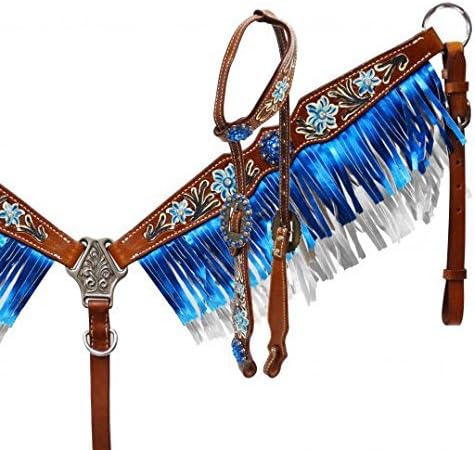 Showman Blue Metallic Fringe Headstall & Breast Collar Set w/Reins