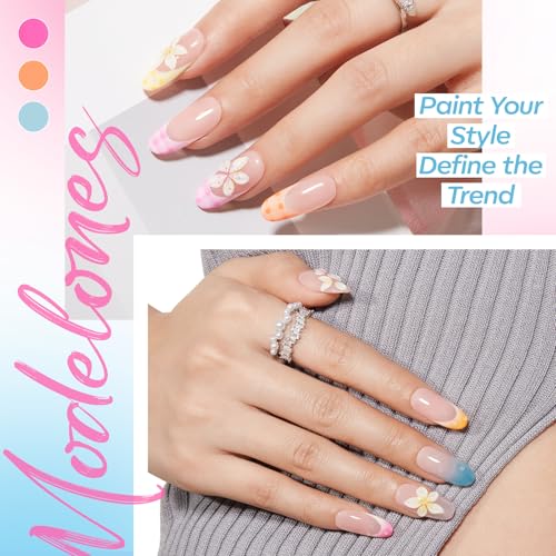 Image of Modelones Gel Nail Polish Set, 6 Colors 2026 Summer Clear Blue Blooming Gel Polish Creamy White Pastel Yellow Pink Orange Nude Jelly Nail Polish W Flower Stickers & Liner Nail Brush LED DIY Gift