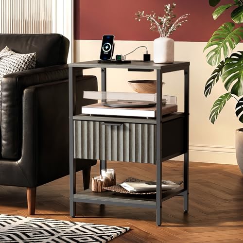 Image of VINGLI Grey Night Stand with Charging Station and Fabric Drawer, Fluted Nightstand, Gray Nightstand with Drawer, Bed Side Table /End Table for Bedroom, Dorm, 14.96 inch W*11.81 inch D*23.7 inch H, 1 pc