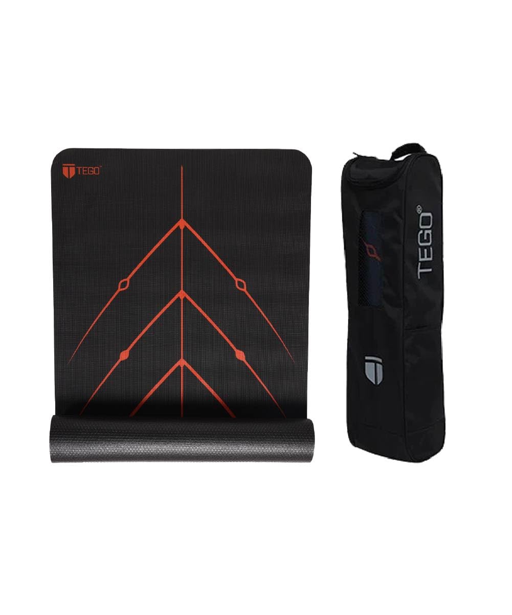TEGO Stance Yoga Mat with GuideAlign for Posture Alignment (Black Orange with Bag) | Reversible Design with Dual Texture Grip | 5mm Thick | Antimicrobial, Non-Slip, Sweat-Resistant | 6ft x 2ft | Yoga & Fitness Mat | Shoe-friendly