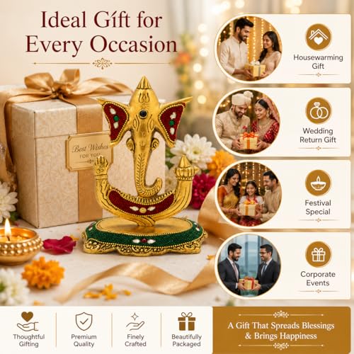 Image of Kalakriti Decorative Lord Trishul Ganesha Idol for Home Decor - Golden Metal Finish Ganpati Murti for Pooja Room, Office & Gift Purpose