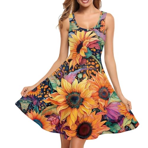 Image of Big Sunflower Women's Summer Midi Dress Slim Fit Sundresses Casual Loose Sleeveless Summer Dress Swing A-Line Tank Dress, Medium