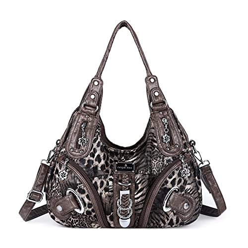 Angelkiss Women Multiple Pockets Purses and Handbags Washed Leather, Two Top Zippers Closure, Brown-leopard