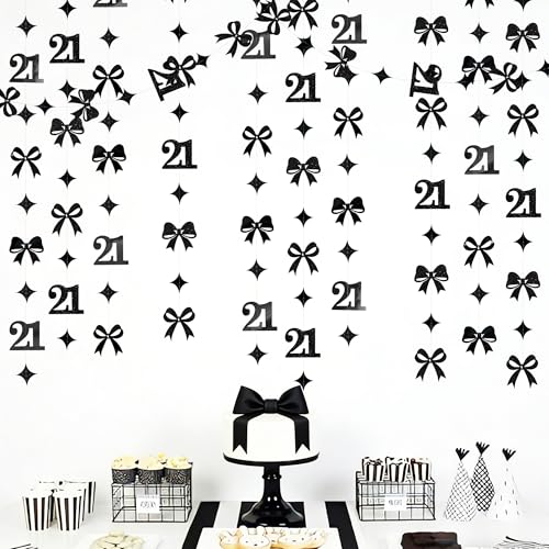 Image of Black 21st Bow Birthday Decorations Glitter Conquette Bow Garland Streamer Banner Backdrop for Girls Boys Happy 21st Birthday Finally Legal Cheers to 21 Years Old Awesome Since 2004 Party Supplies