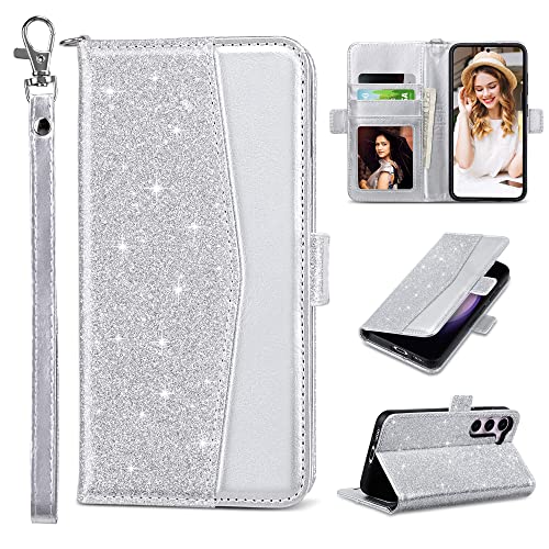 Ulak Compatible With Galaxy S23 5G Wallet Case, Samsung S23 Wallet Case For Women Girls, Pu Leather Flip Case With Card Holders Kickstand Shockproof Tpu Inner Phone Cover 6.1 Inch,Silver Glitter #TOP23