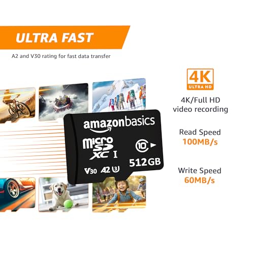 Image of Amazon Basics 512 GB Micro SDXC Memory Card | 180 MB /s Read | Memory Card for 4K Video on Smartphones, Action Cams and Drones