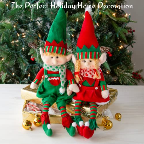 Elf Plush Christmas Stuffed Dolls, Set of 2 - 18" Boy and Girl Elves Holiday Cute Plush Shelf Toys - Fun Kids Buddy Figurine Decorations, Christmas Winter Holiday Party Festive Decor and Gift Exchange