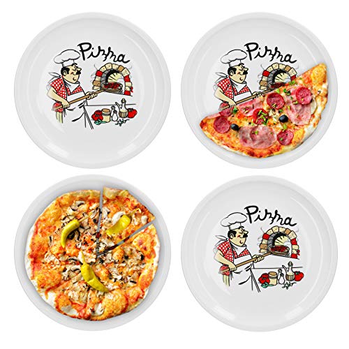 Van Well 4er Set Pizzateller groß Ø 29.5 cm mit Küchenchef-Motiv Gastro-Zubehör Pizza-Bäckerei stabiles Porzellan-Geschirr Grill-Teller Servier-Platte Antipasti