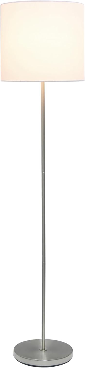 Simple Designs LF1055-WHT 57" Slim and Stylish Brushed Nickel Floor Lamp with Drum Shade, for Living Room, Bedroom, Office, White