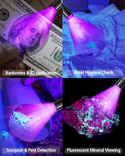 MOWETOO Taschenlampe Aufladbar - LED UV Lampe Schwarzlicht 2 In 1, 395nm Zoombare UV Licht Torch mit 5 Modi und LCD-Display für Urinuntersuchung von Haustieren, Geldscheinkontrolle, Outdoor