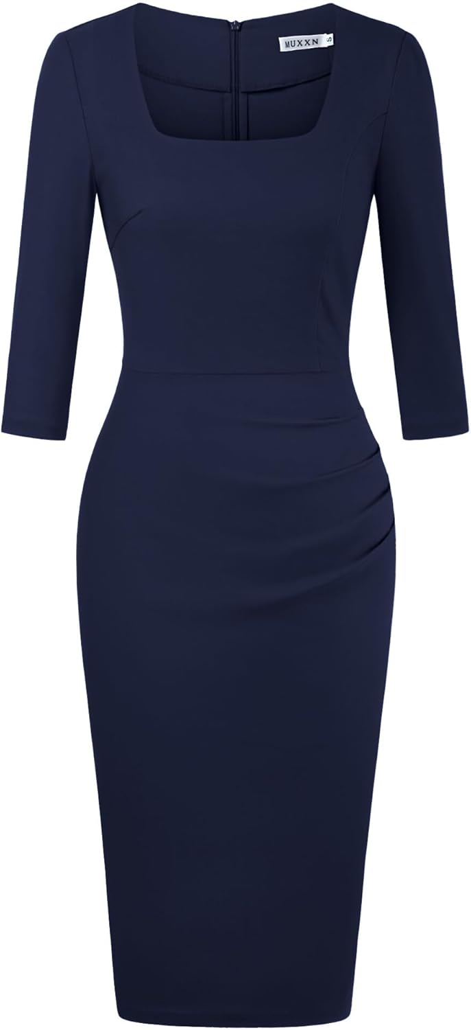 MUXXN Women's Vintage950s Scoop Neck Midi 3/4 Sleeve Pencil Bodycon Business Wear to Work Casual Dress - Image 3