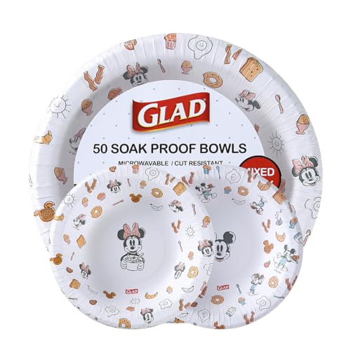 Glad for Kids Disney Mickey and Friends Disposable Paper Bowls, Mixed Minnie Mouse Designs - Kid-Friendly Snack Bowls for Everyday Use and All Parties, 16 oz, 50 Count